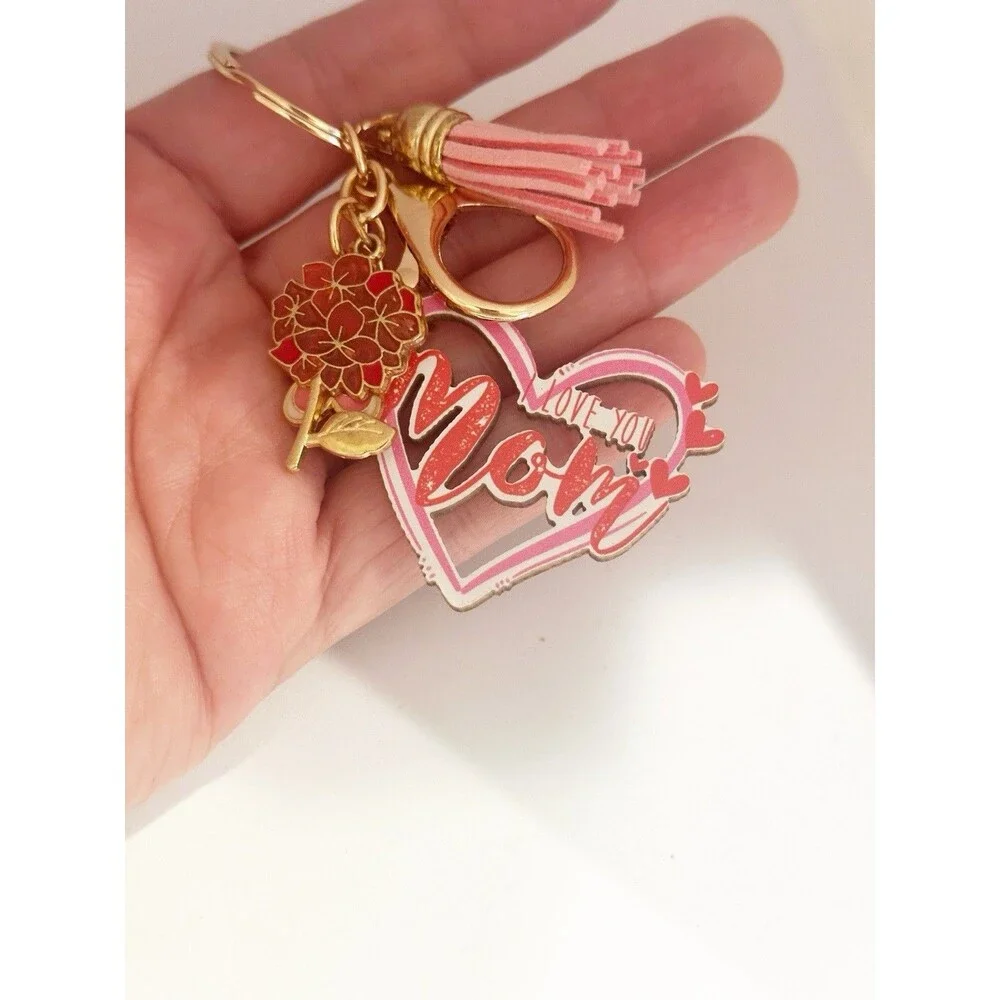 Gift For Mom:  Mom Heart Key ring Bag Charm Enamel Flower Tassel Pink